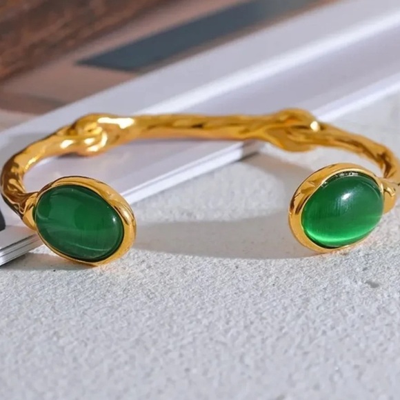 Anthropologie Green Agate 18K Gold Stainless Steel Waterproof Cuff Bracelet - Picture 1 of 12
